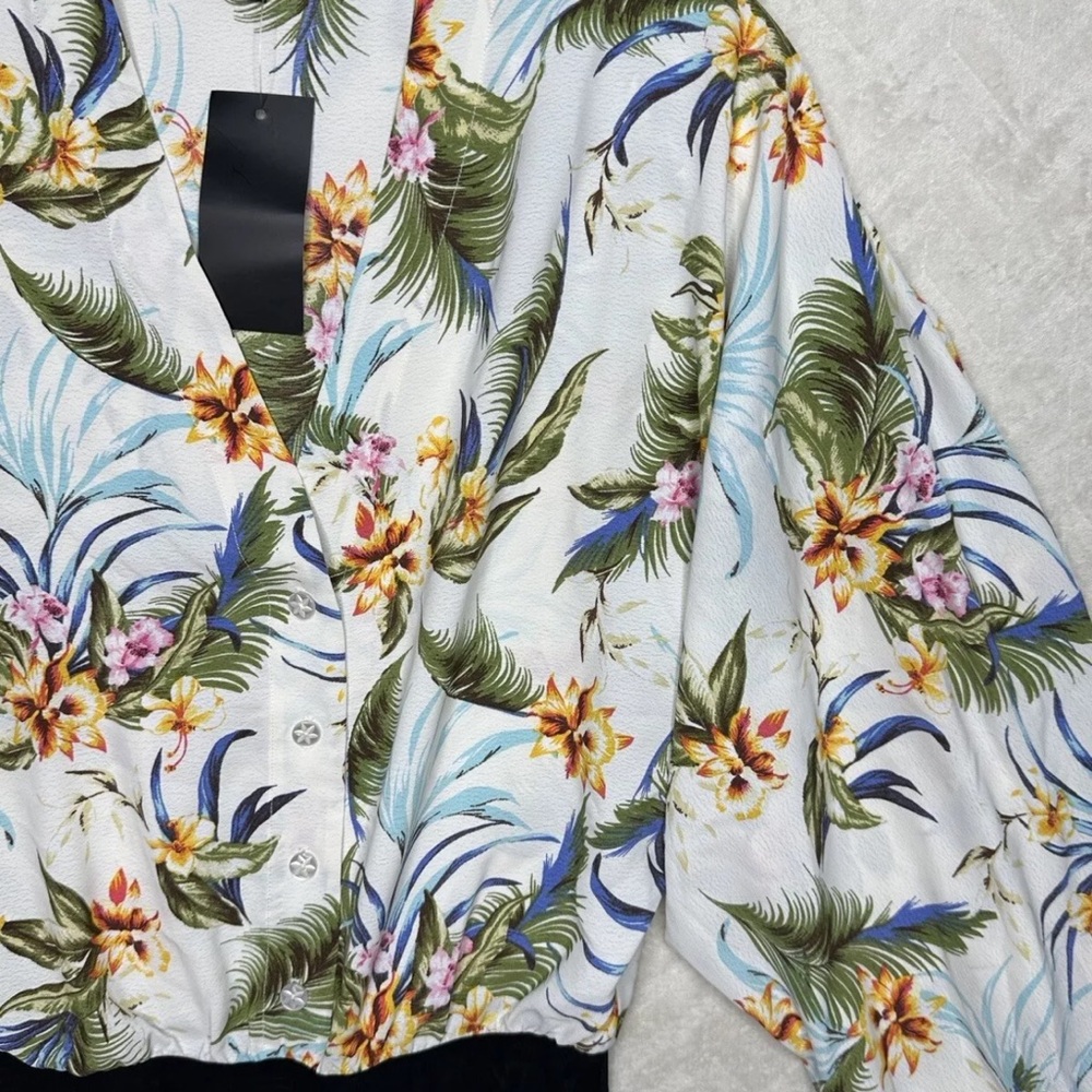 FKSP Women’s Hawaiian Floral Bodysuit Small Mesh Panties Bell Sleeve Button Down - Picture 3 of 15